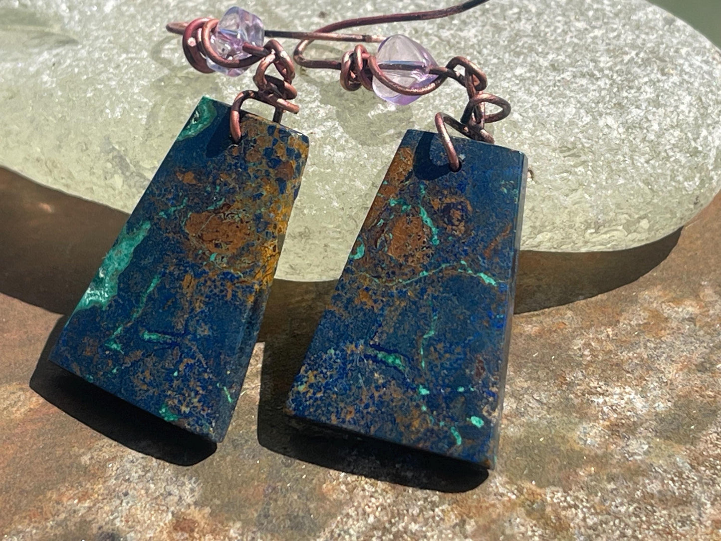 Chrysocolla gemstone earrings on recycled burnt copper. Ethical jewellery, blue gemstone earrings. Stunning unique jewellery. Unique gifts