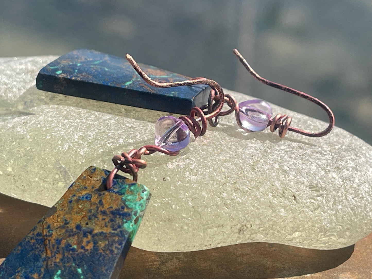 Chrysocolla gemstone earrings on recycled burnt copper. Ethical jewellery, blue gemstone earrings. Stunning unique jewellery. Unique gifts