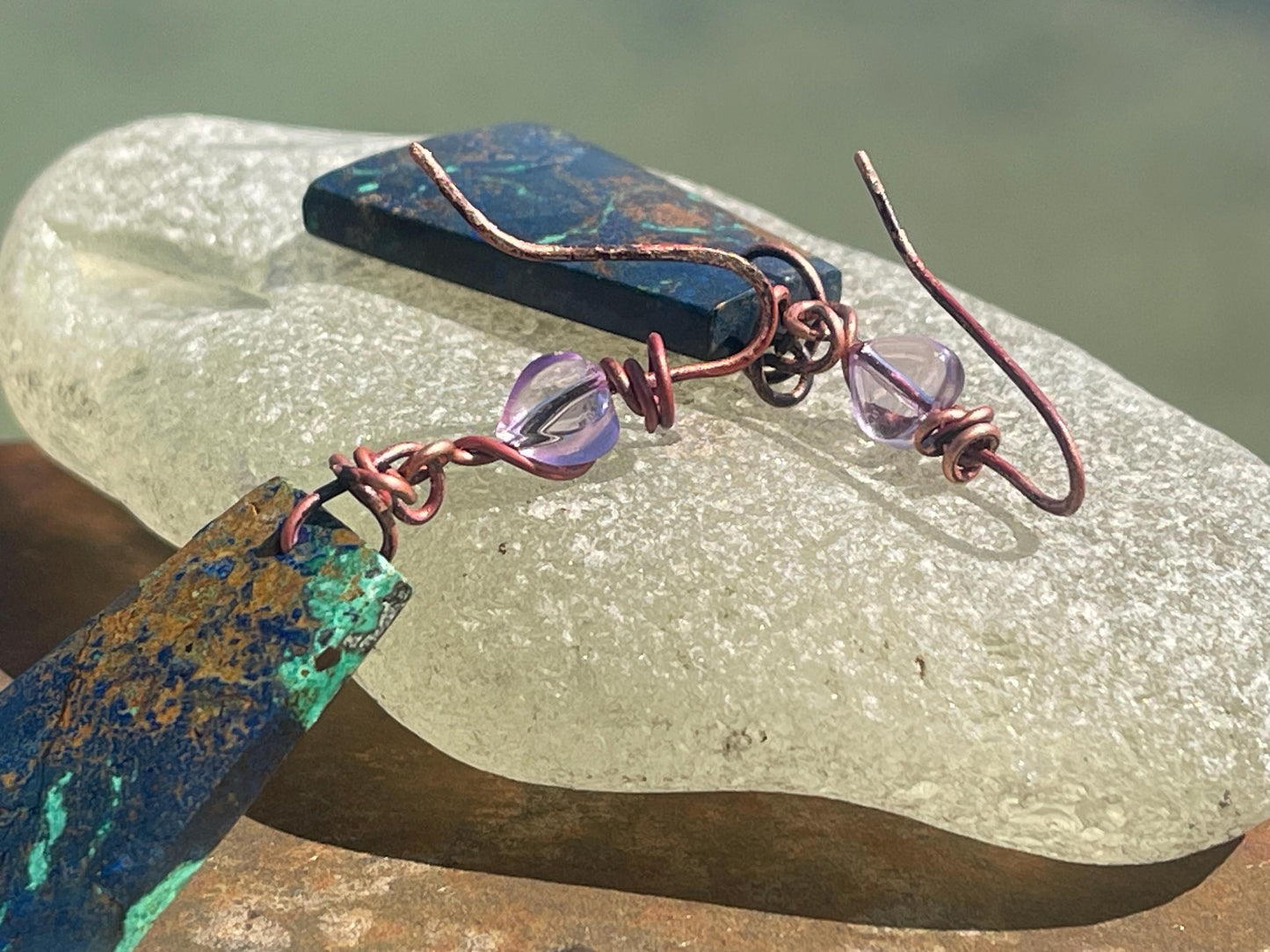 Chrysocolla gemstone earrings on recycled burnt copper. Ethical jewellery, blue gemstone earrings. Stunning unique jewellery. Unique gifts