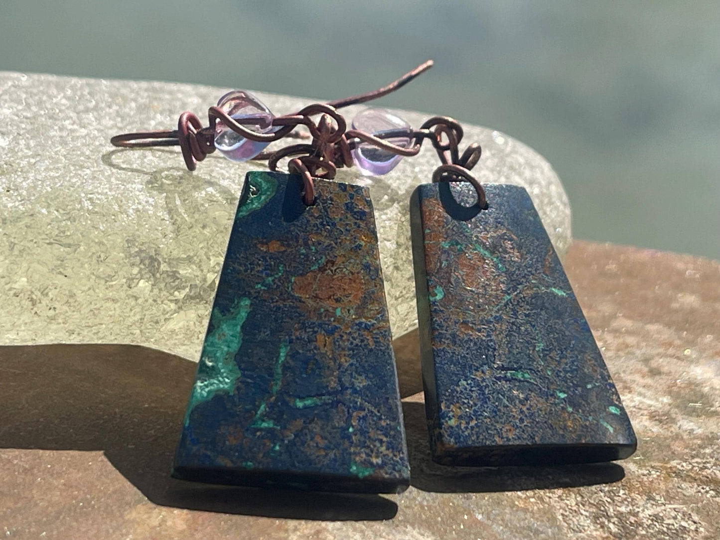 Chrysocolla gemstone earrings on recycled burnt copper. Ethical jewellery, blue gemstone earrings. Stunning unique jewellery. Unique gifts