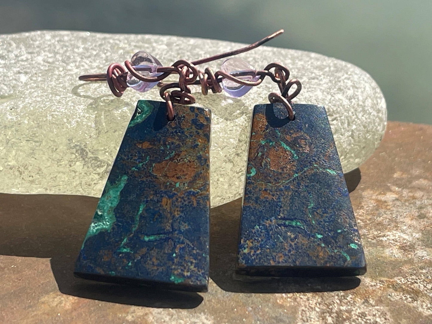 Chrysocolla gemstone earrings on recycled burnt copper. Ethical jewellery, blue gemstone earrings. Stunning unique jewellery. Unique gifts