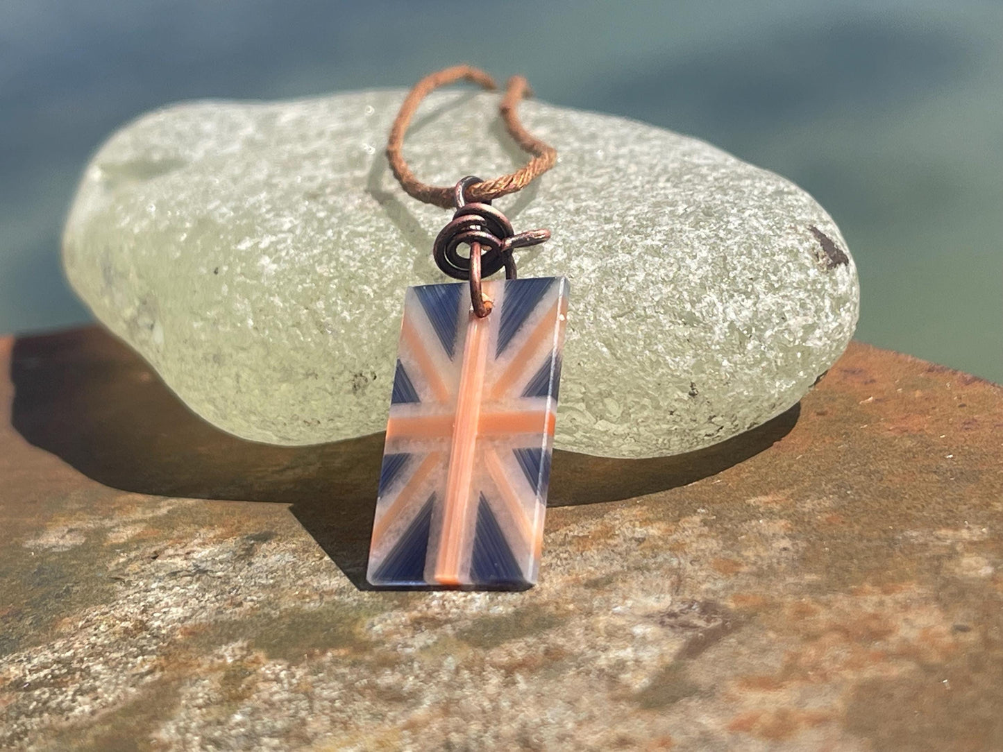 Fused gemstone Union Jack necklace on recycled copper. Ethical and unique jewellery. Unique English jewellery. British flag jewellery