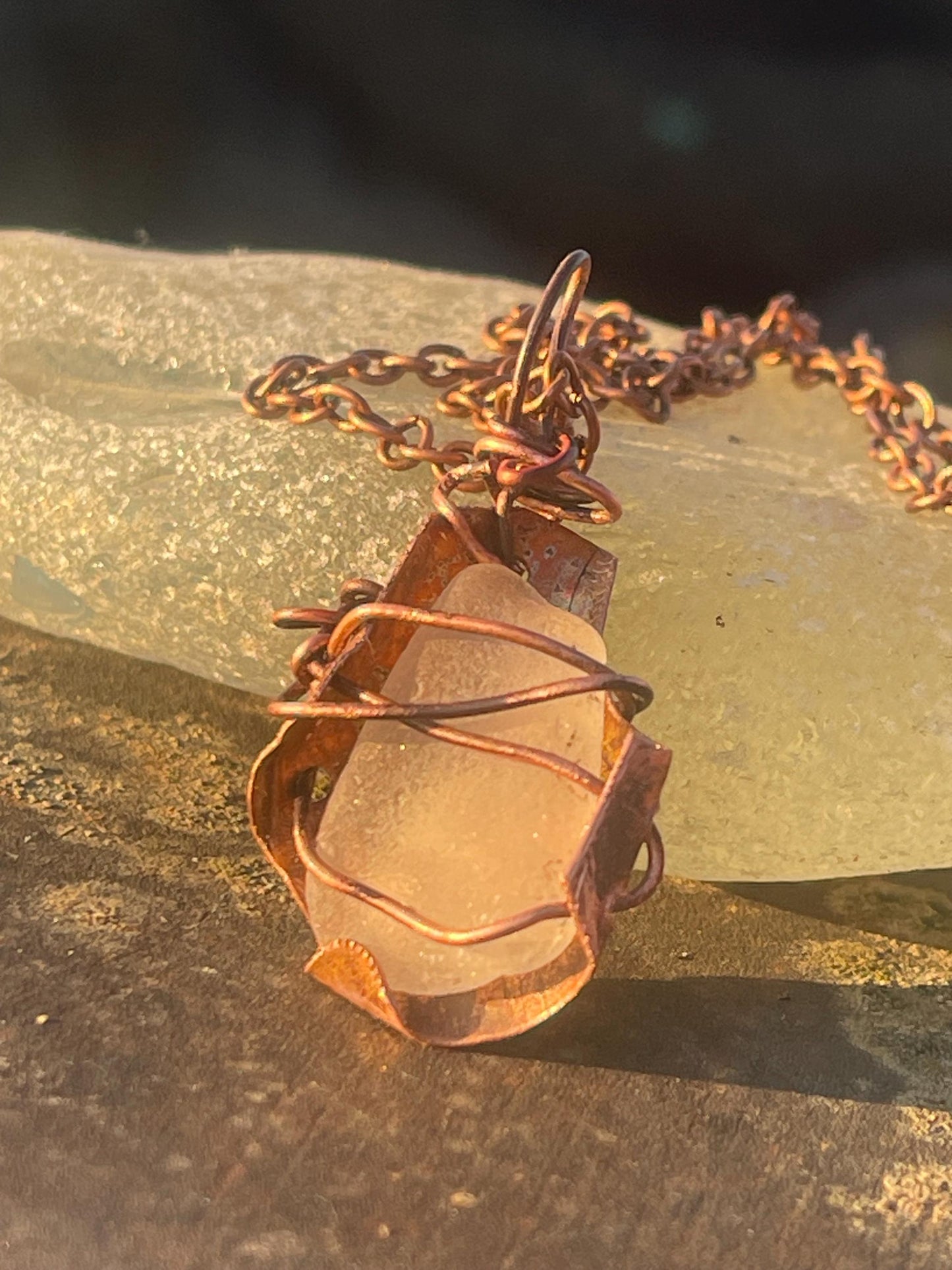 Eco friendly handmade necklace made from sea glass and naturally weathered recycled copper. Ethical jewellery. Unique handmade jewellery.