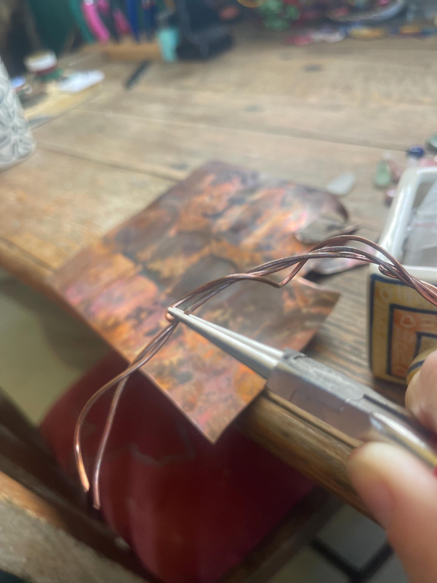 Eco friendly handmade necklace made from Chrysocolla & naturally weathered recycled copper. Ethical jewellery. Unique handmade jewellery.