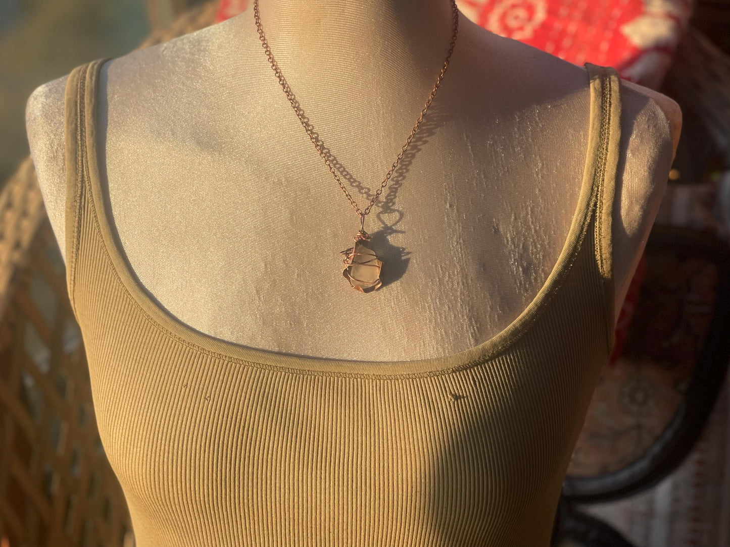 Eco friendly handmade necklace made from sea glass and naturally weathered recycled copper. Ethical jewellery. Unique handmade jewellery.