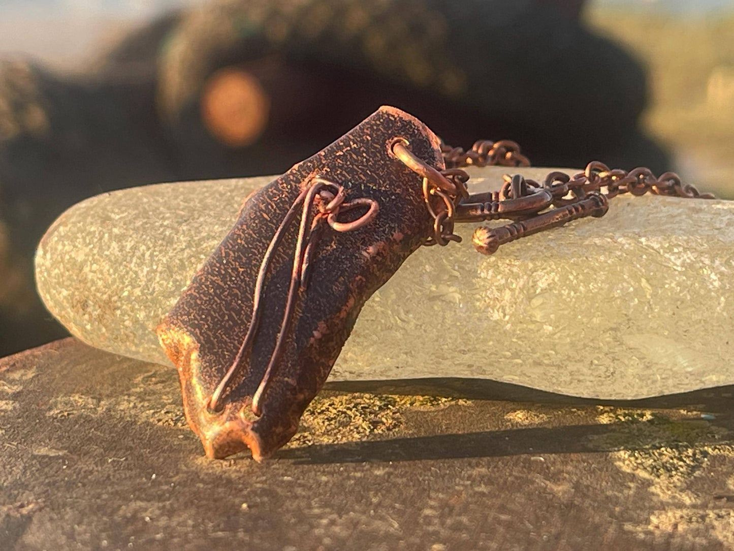 Eco friendly handmade necklace made from sea glass and naturally weathered recycled copper. Ethical jewellery. Unique handmade jewellery.