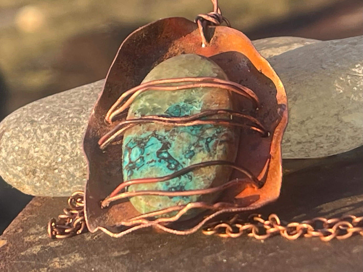 Eco friendly handmade necklace made from Chrysocolla & naturally weathered recycled copper. Ethical jewellery. Unique handmade jewellery.