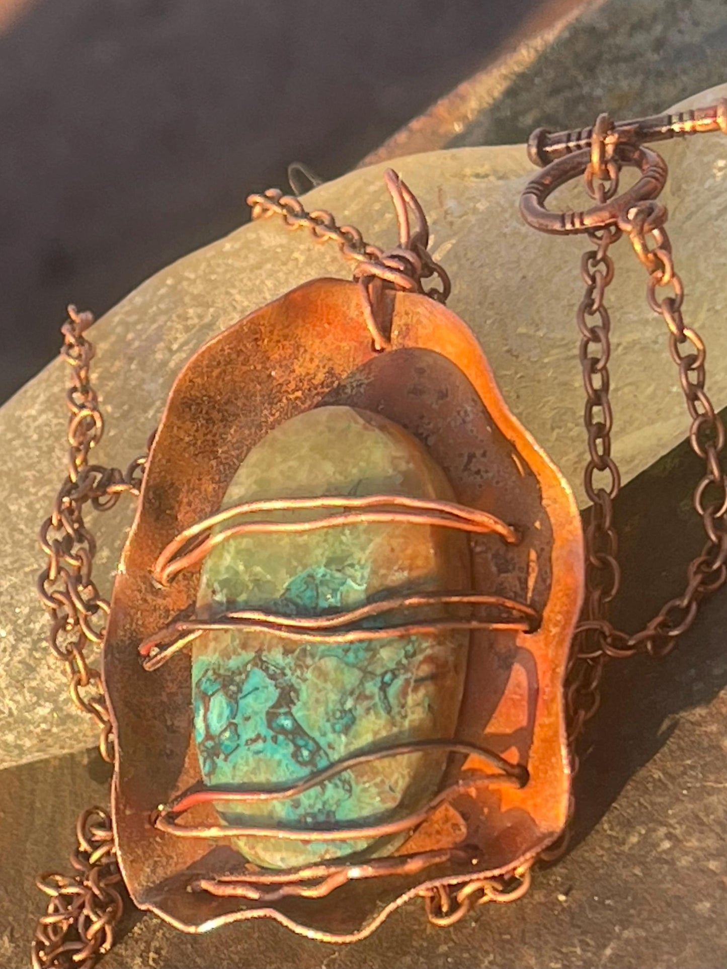 Eco friendly handmade necklace made from Chrysocolla & naturally weathered recycled copper. Ethical jewellery. Unique handmade jewellery.