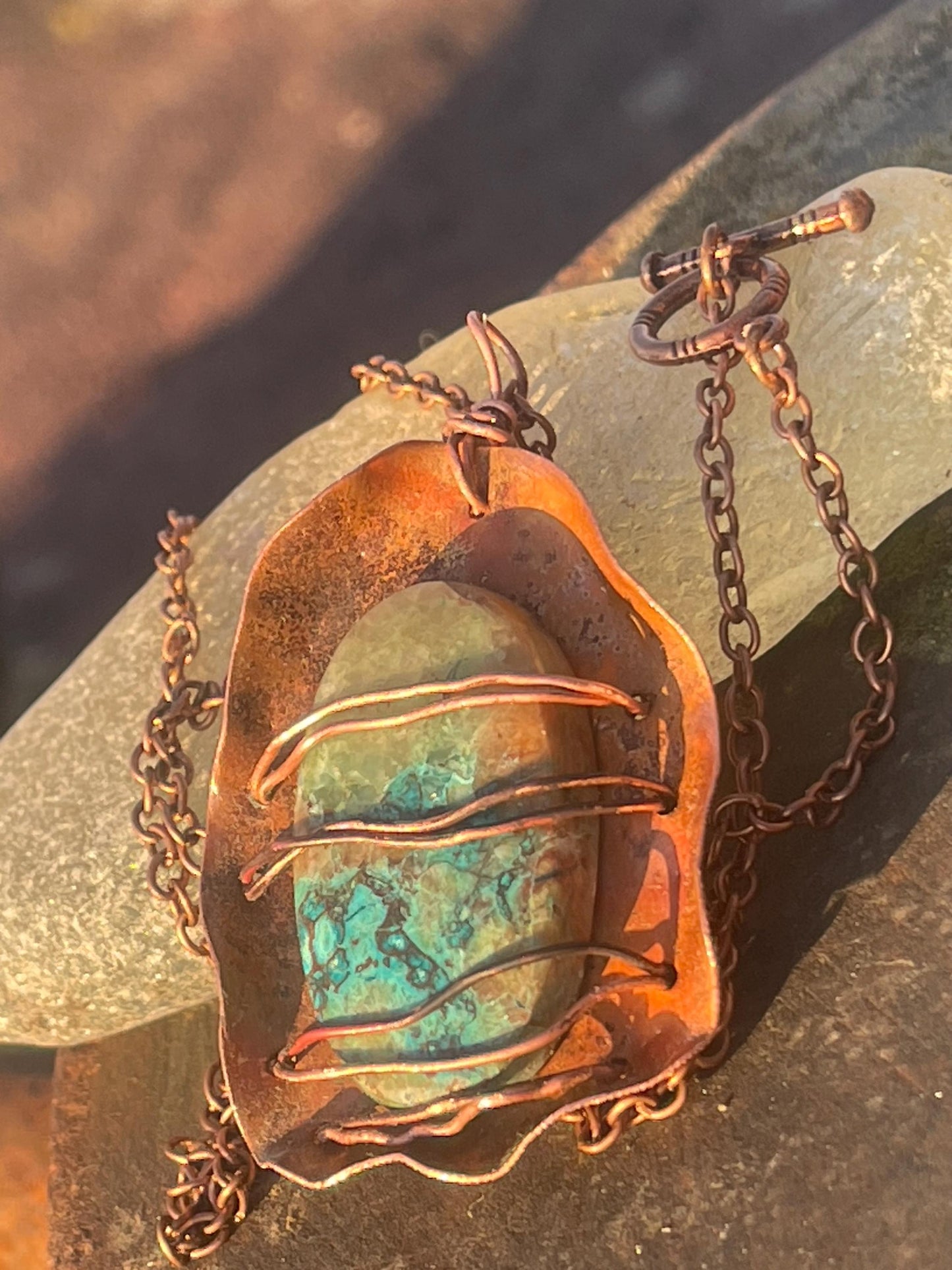 Eco friendly handmade necklace made from Chrysocolla & naturally weathered recycled copper. Ethical jewellery. Unique handmade jewellery.