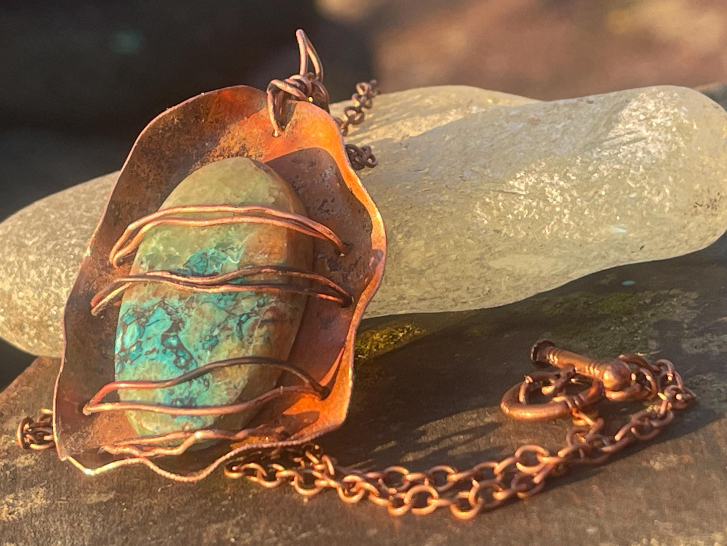 Eco friendly handmade necklace made from Chrysocolla & naturally weathered recycled copper. Ethical jewellery. Unique handmade jewellery.