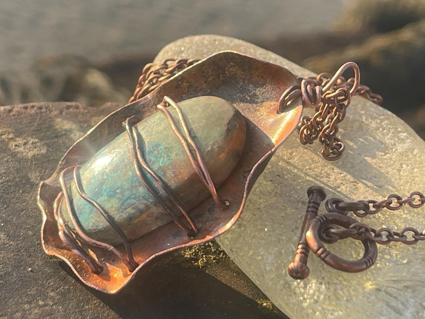 Eco friendly handmade necklace made from Chrysocolla & naturally weathered recycled copper. Ethical jewellery. Unique handmade jewellery.