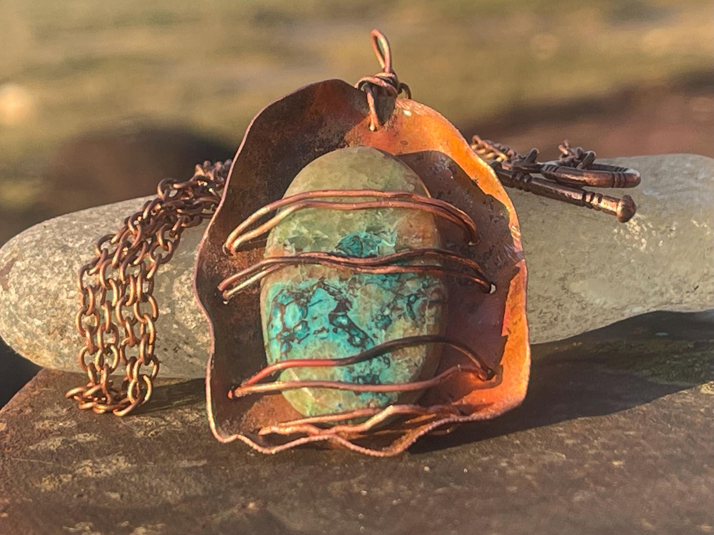 Eco friendly handmade necklace made from Chrysocolla & naturally weathered recycled copper. Ethical jewellery. Unique handmade jewellery.