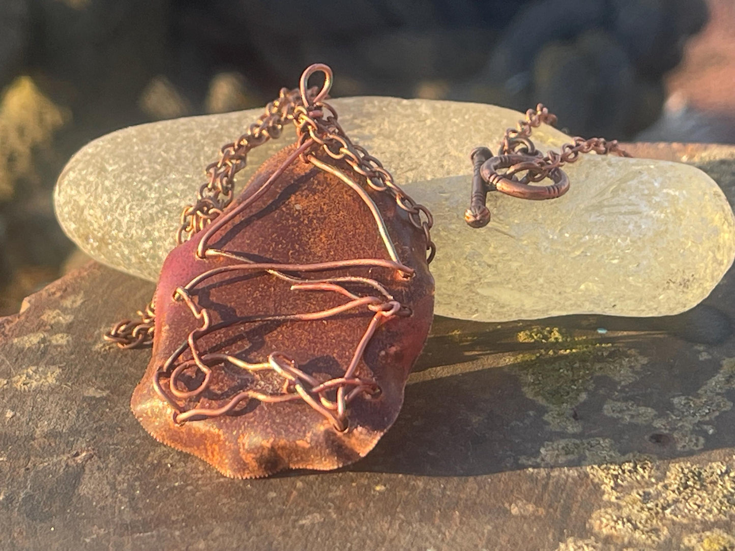 Eco friendly handmade necklace made from Chrysocolla & naturally weathered recycled copper. Ethical jewellery. Unique handmade jewellery.