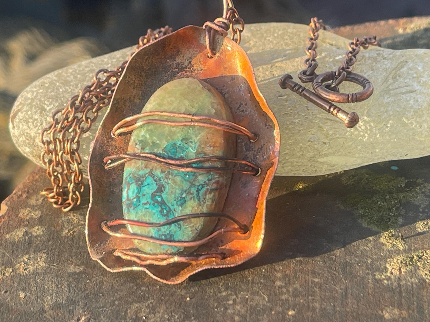 Eco friendly handmade necklace made from Chrysocolla & naturally weathered recycled copper. Ethical jewellery. Unique handmade jewellery.
