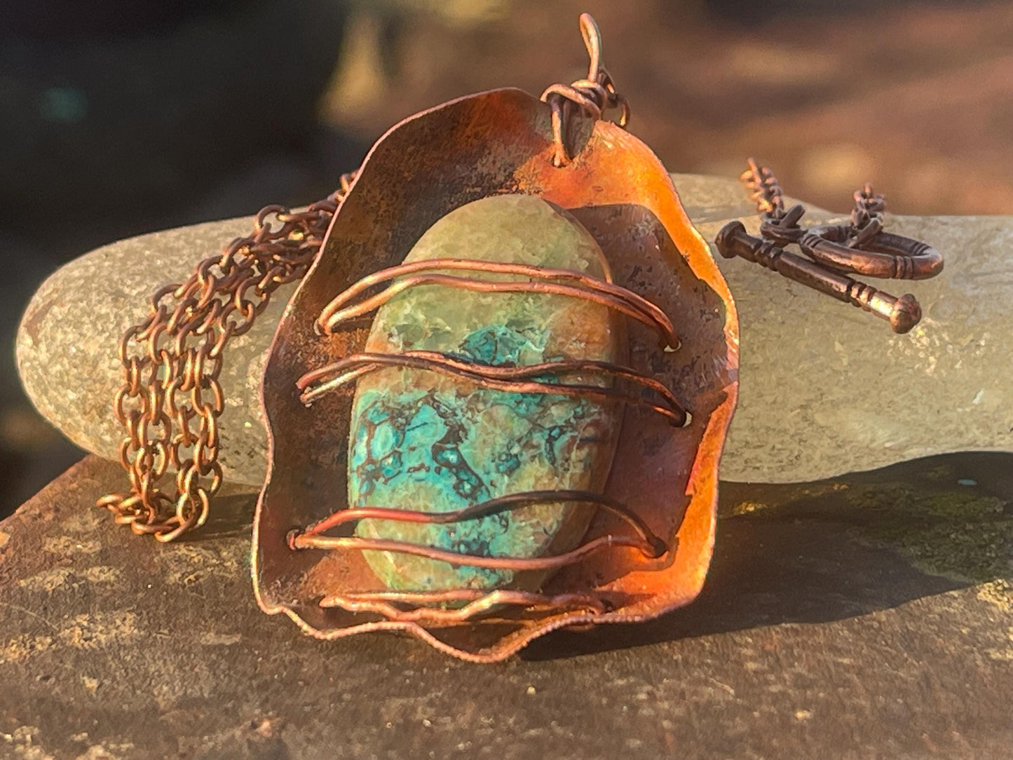 Eco friendly handmade necklace made from Chrysocolla & naturally weathered recycled copper. Ethical jewellery. Unique handmade jewellery.