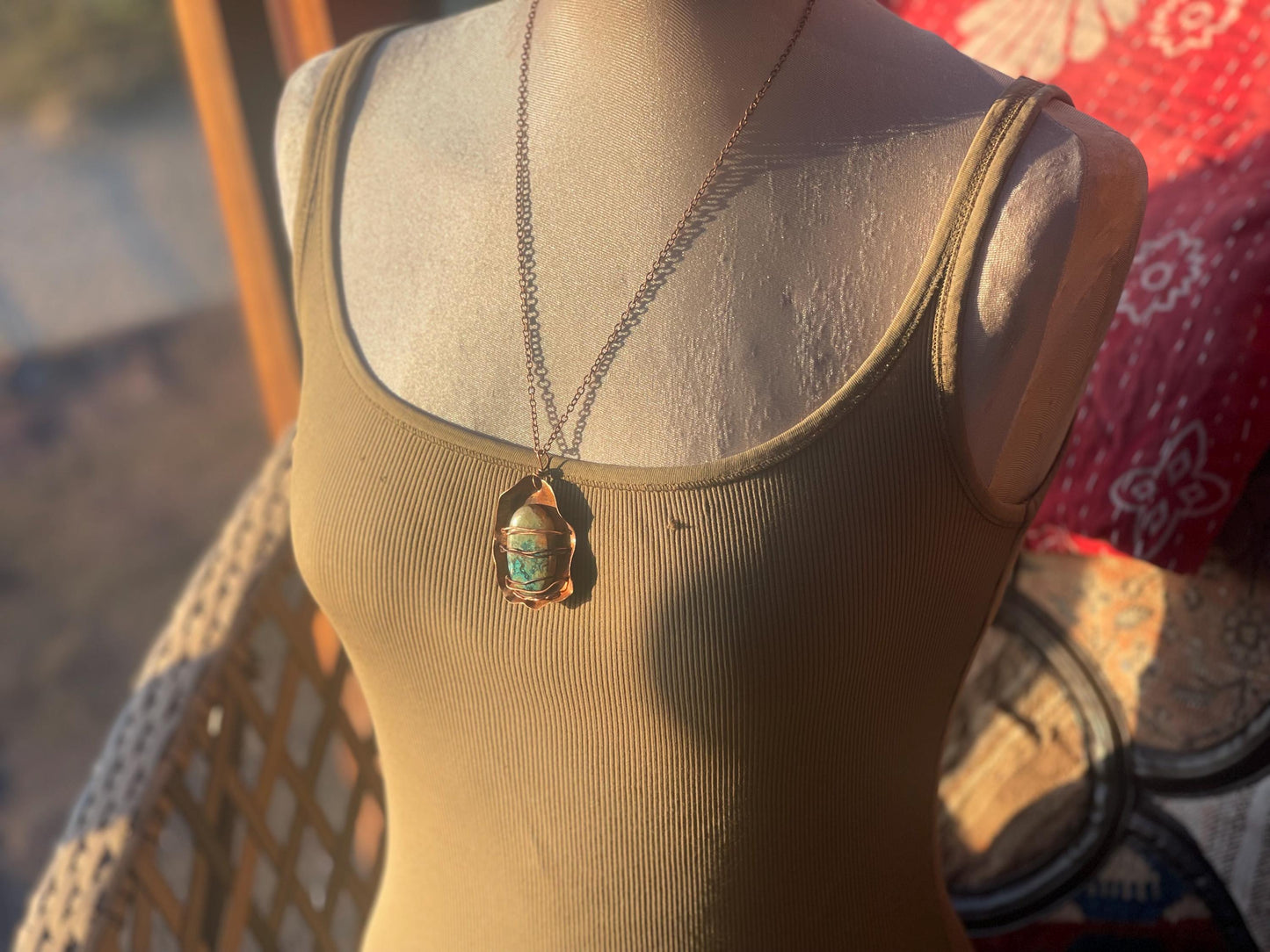 Eco friendly handmade necklace made from Chrysocolla & naturally weathered recycled copper. Ethical jewellery. Unique handmade jewellery.