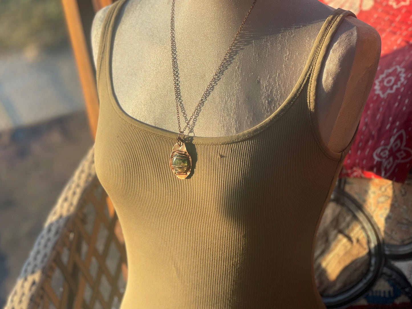 Eco friendly handmade necklace made from moss agate & naturally weathered recycled copper. Ethical jewellery. Unique handmade jewellery.
