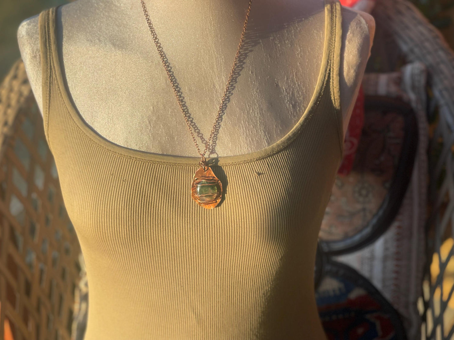 Eco friendly handmade necklace made from moss agate & naturally weathered recycled copper. Ethical jewellery. Unique handmade jewellery.