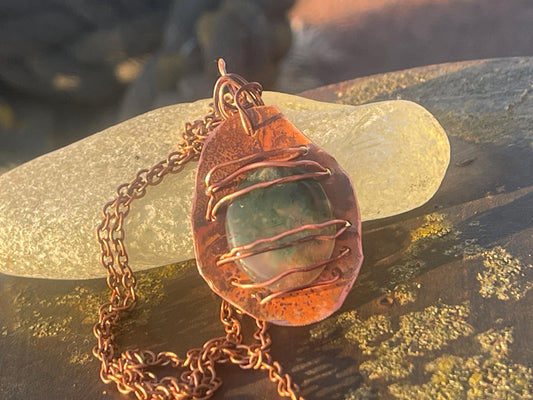 Eco friendly handmade necklace made from moss agate & naturally weathered recycled copper. Ethical jewellery. Unique handmade jewellery.