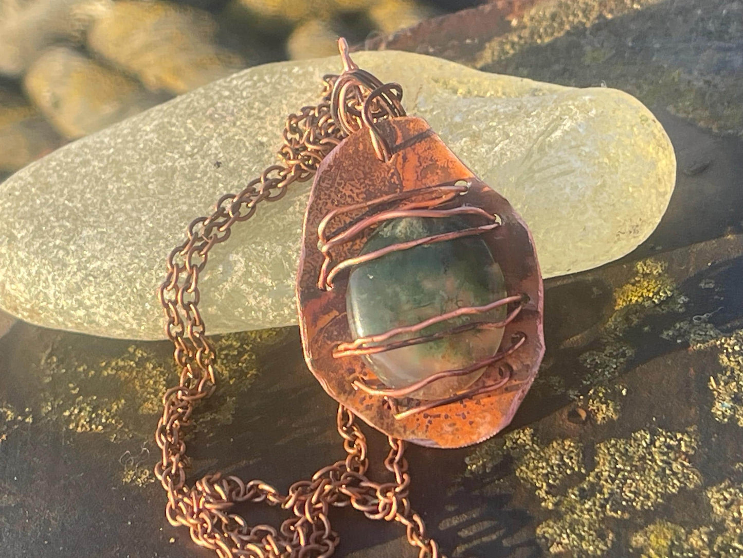 Eco friendly handmade necklace made from moss agate & naturally weathered recycled copper. Ethical jewellery. Unique handmade jewellery.