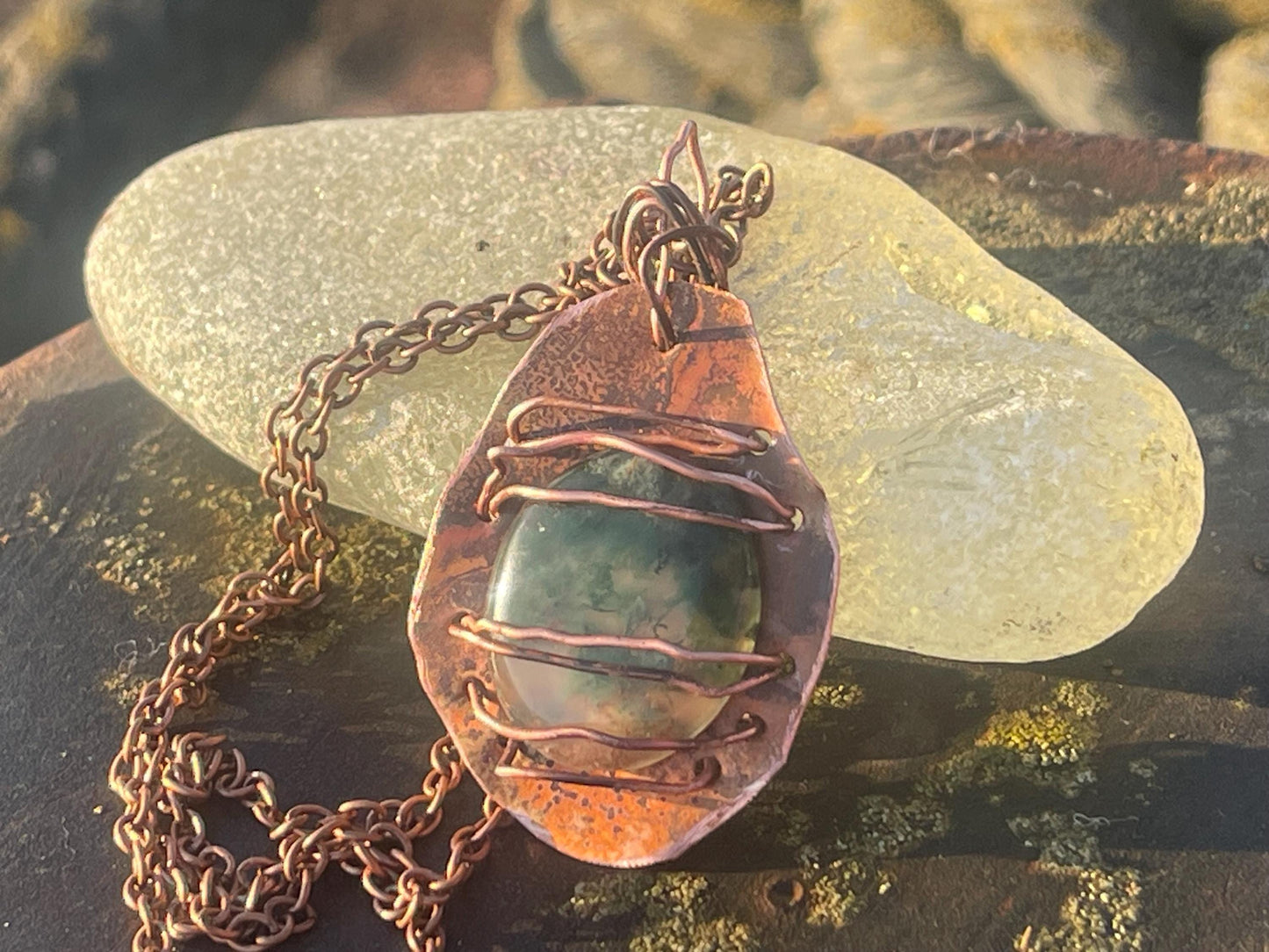 Eco friendly handmade necklace made from moss agate & naturally weathered recycled copper. Ethical jewellery. Unique handmade jewellery.