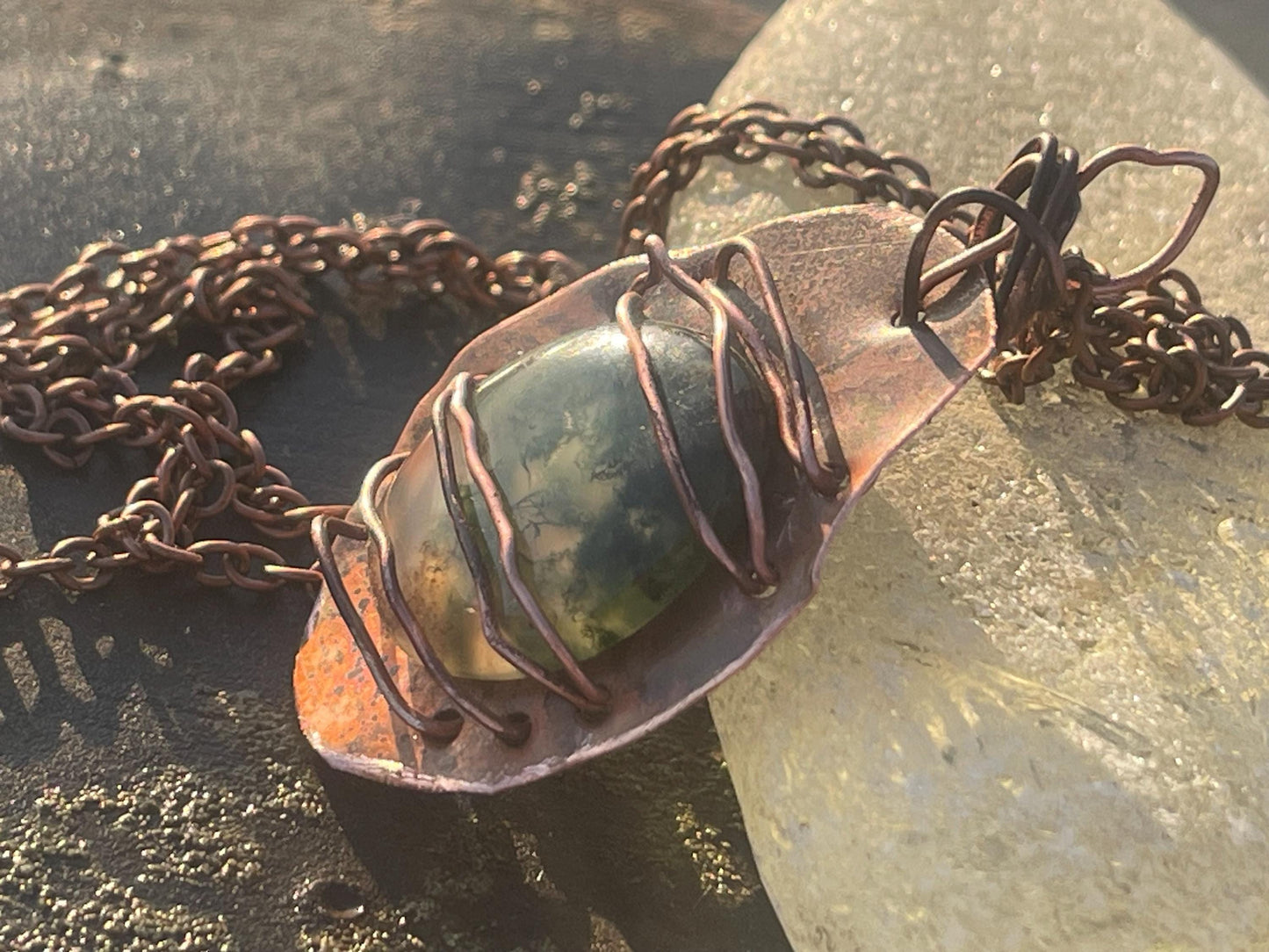 Eco friendly handmade necklace made from moss agate & naturally weathered recycled copper. Ethical jewellery. Unique handmade jewellery.