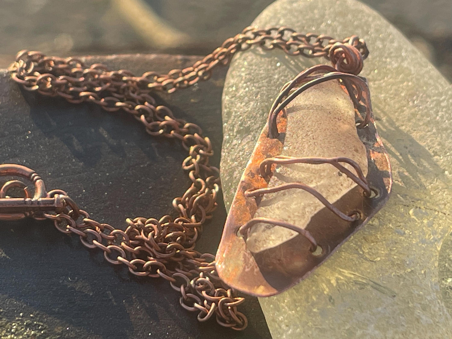 Eco friendly handmade necklace made from sea glass and naturally weathered recycled copper. Ethical jewellery. Unique handmade jewellery.