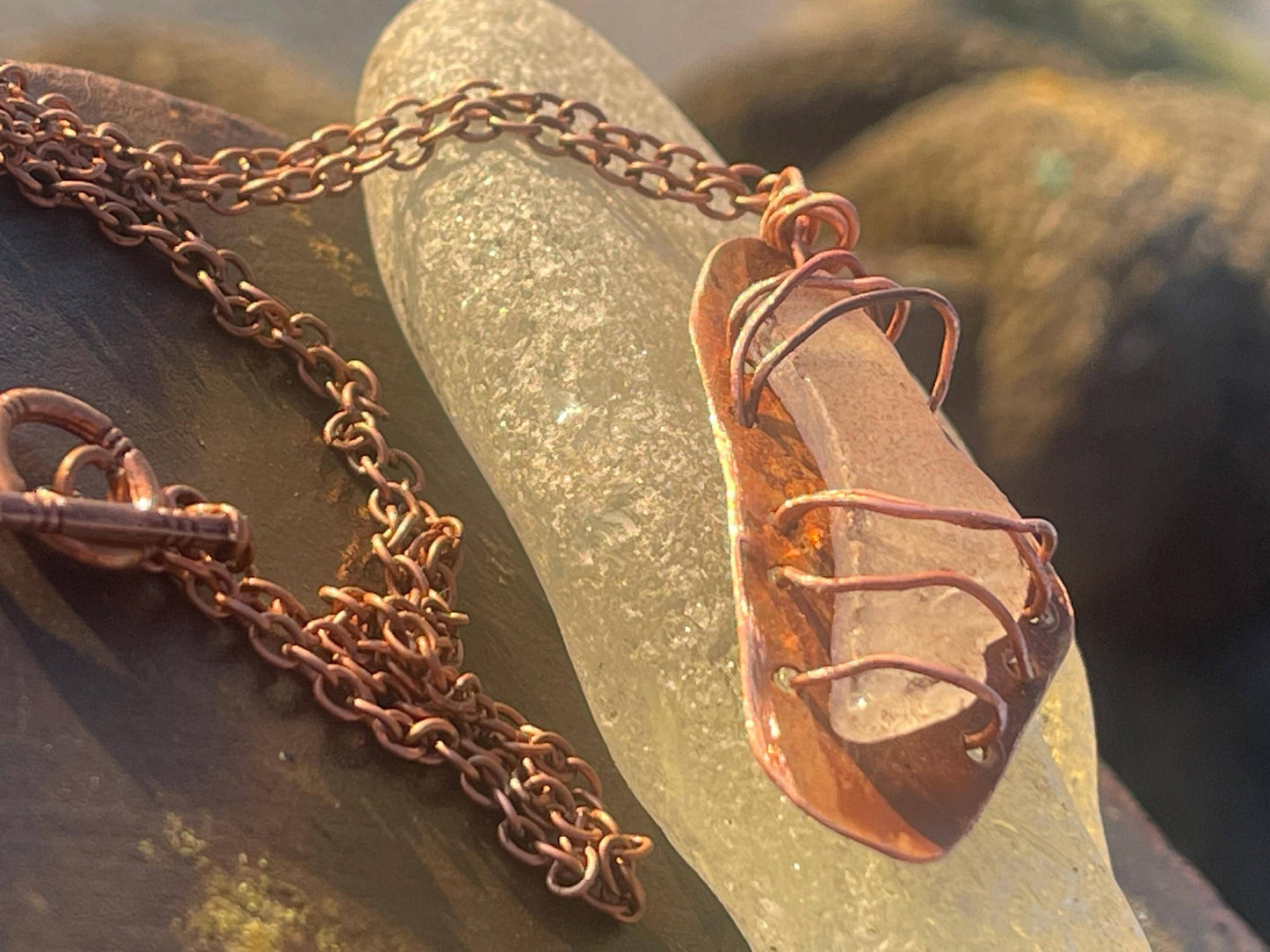 Eco friendly handmade necklace made from sea glass and naturally weathered recycled copper. Ethical jewellery. Unique handmade jewellery.