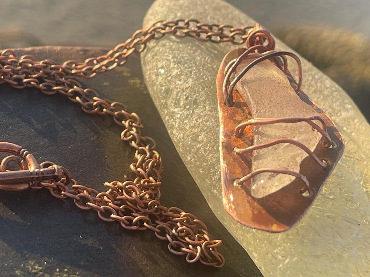 Eco friendly handmade necklace made from sea glass and naturally weathered recycled copper. Ethical jewellery. Unique handmade jewellery.