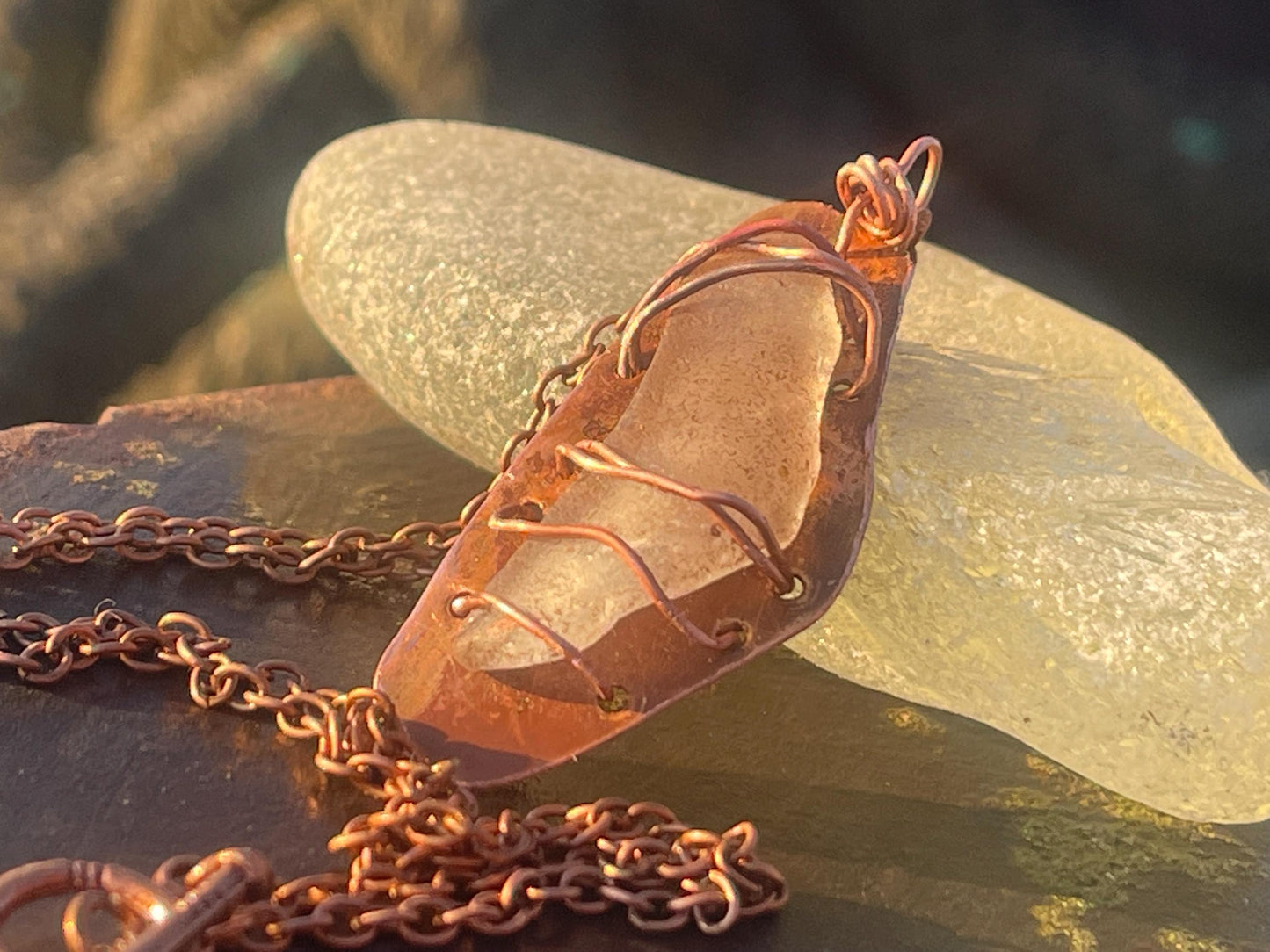 Eco friendly handmade necklace made from sea glass and naturally weathered recycled copper. Ethical jewellery. Unique handmade jewellery.