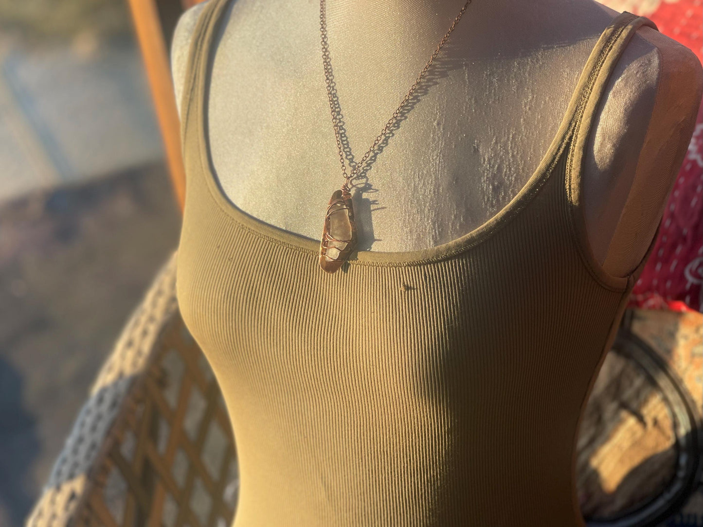Eco friendly handmade necklace made from sea glass and naturally weathered recycled copper. Ethical jewellery. Unique handmade jewellery.