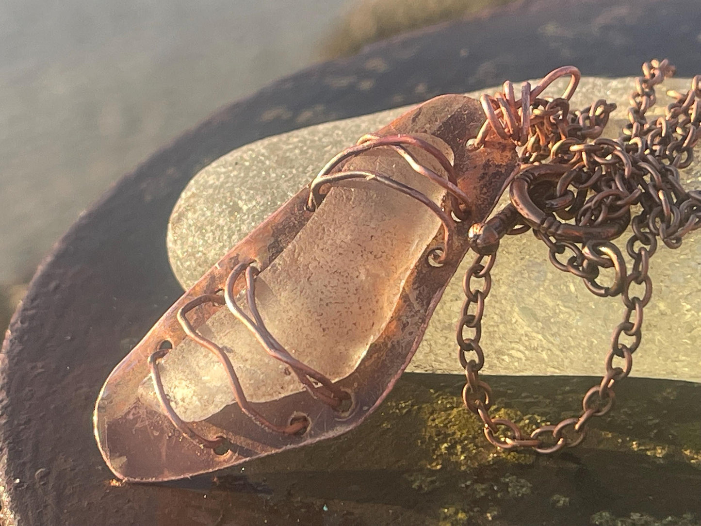 Eco friendly handmade necklace made from sea glass and naturally weathered recycled copper. Ethical jewellery. Unique handmade jewellery.