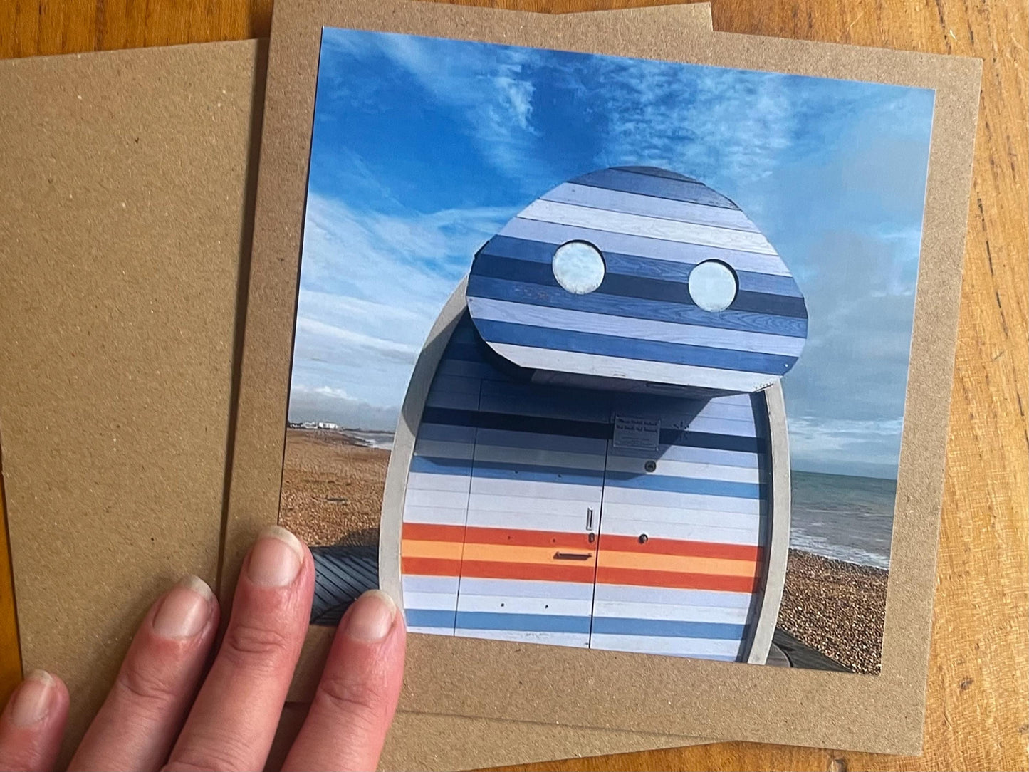 Robot card, beach hut card, handmade card, recycled card. Birthday card, Unusual card for him, card for her. Robot presents. Seaside card.