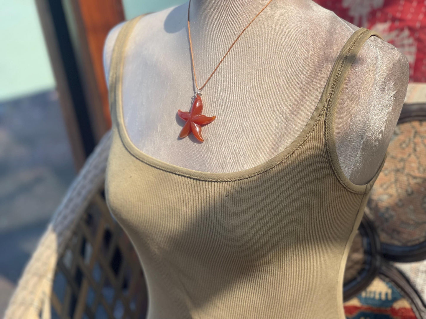 Cherry blossom agate necklace, ethical jewellery, starfish necklace, unique jewellery, orange agate pendant, orange gemstone necklace.