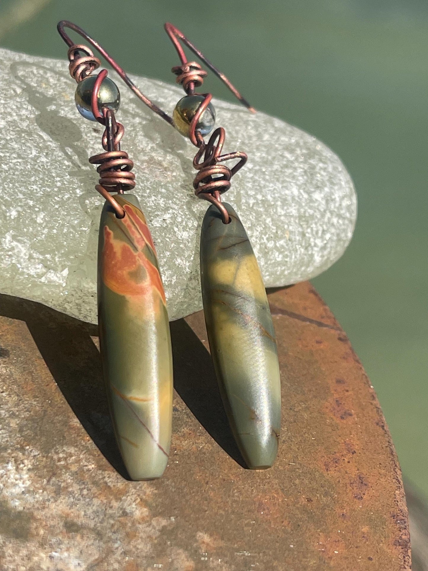 Picasso jasper gemstone earrings. Ethical jewellery, orange gemstone earrings. Stunning unique jewellery. Eco friendly unique earrings.