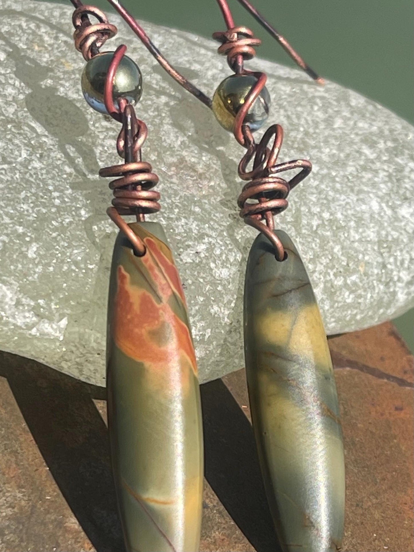 Picasso jasper gemstone earrings. Ethical jewellery, orange gemstone earrings. Stunning unique jewellery. Eco friendly unique earrings.