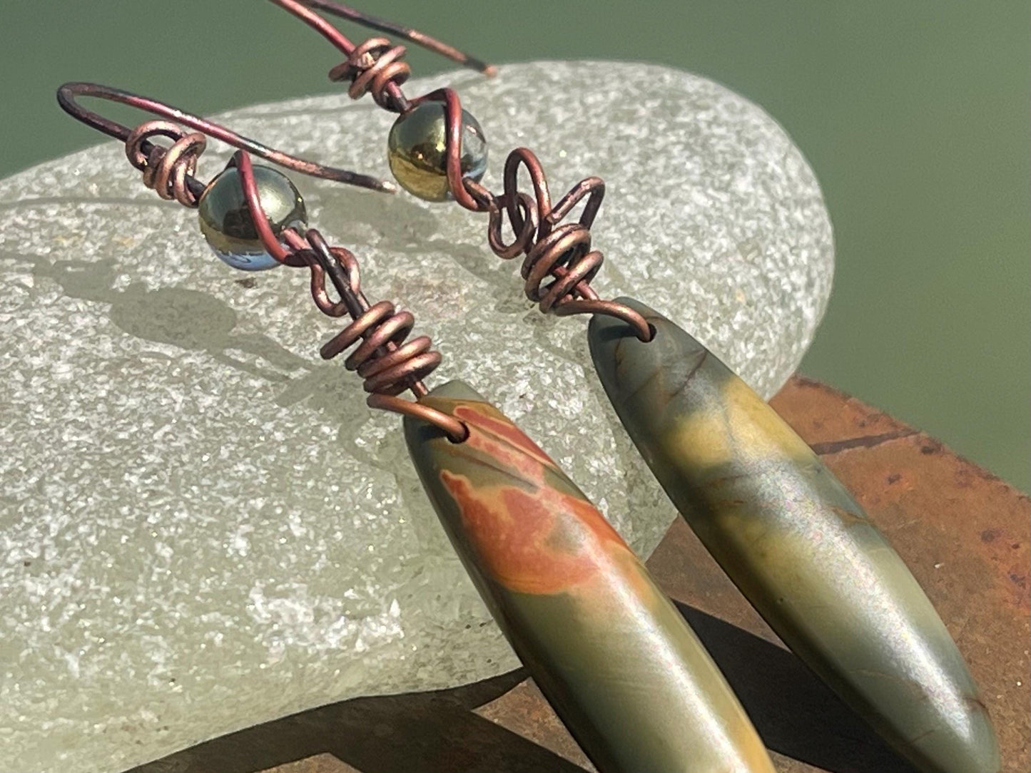 Picasso jasper gemstone earrings. Ethical jewellery, orange gemstone earrings. Stunning unique jewellery. Eco friendly unique earrings.