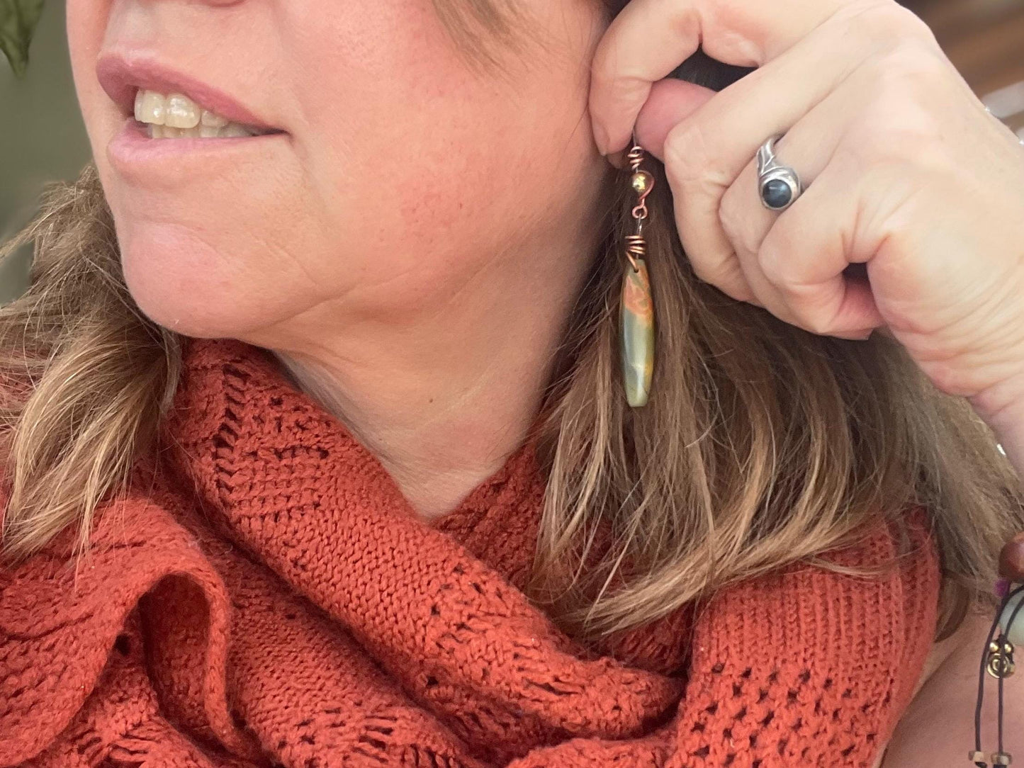 Picasso jasper gemstone earrings. Ethical jewellery, orange gemstone earrings. Stunning unique jewellery. Eco friendly unique earrings.