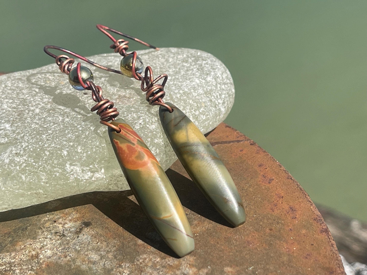 Picasso jasper gemstone earrings. Ethical jewellery, orange gemstone earrings. Stunning unique jewellery. Eco friendly unique earrings.