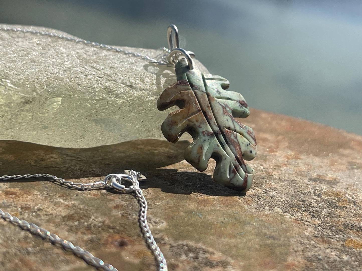 Green opal leaf necklace, opal pendant. Handmade necklace, opal jewellery, gift for gardener, unusual necklace, unique jewellery. Earthy