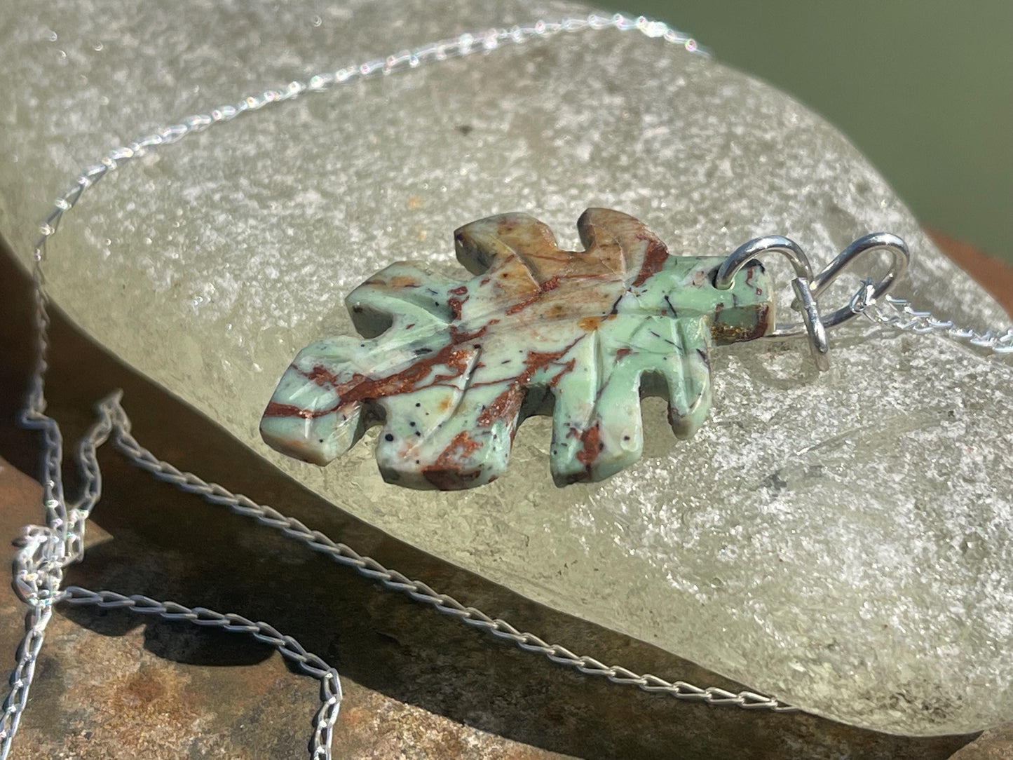 Green opal leaf necklace, opal pendant. Handmade necklace, opal jewellery, gift for gardener, unusual necklace, unique jewellery. Earthy
