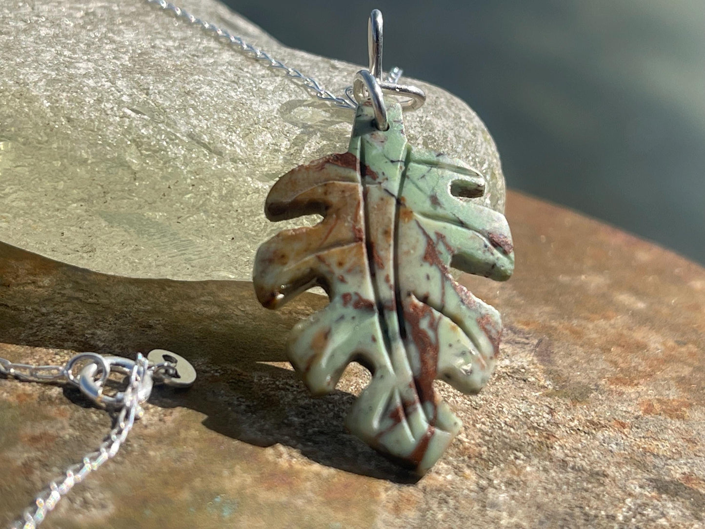 Green opal leaf necklace, opal pendant. Handmade necklace, opal jewellery, gift for gardener, unusual necklace, unique jewellery. Earthy