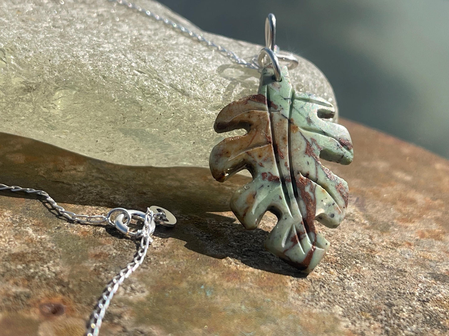Green opal leaf necklace, opal pendant. Handmade necklace, opal jewellery, gift for gardener, unusual necklace, unique jewellery. Earthy