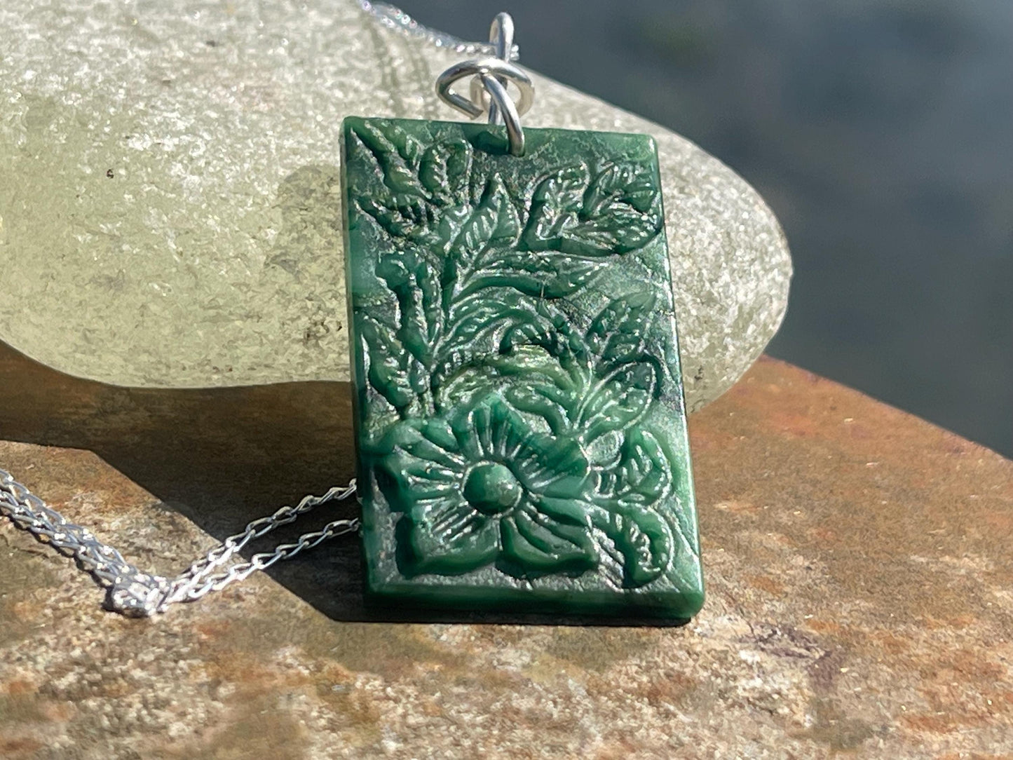Carved jade necklace. Jade pendant. Unusual green gemstone necklace. Boho jewellery. Handmade jade jewellery.