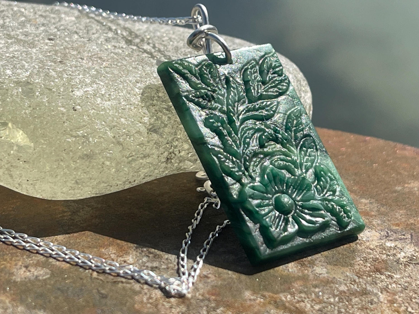 Carved jade necklace. Jade pendant. Unusual green gemstone necklace. Boho jewellery. Handmade jade jewellery.