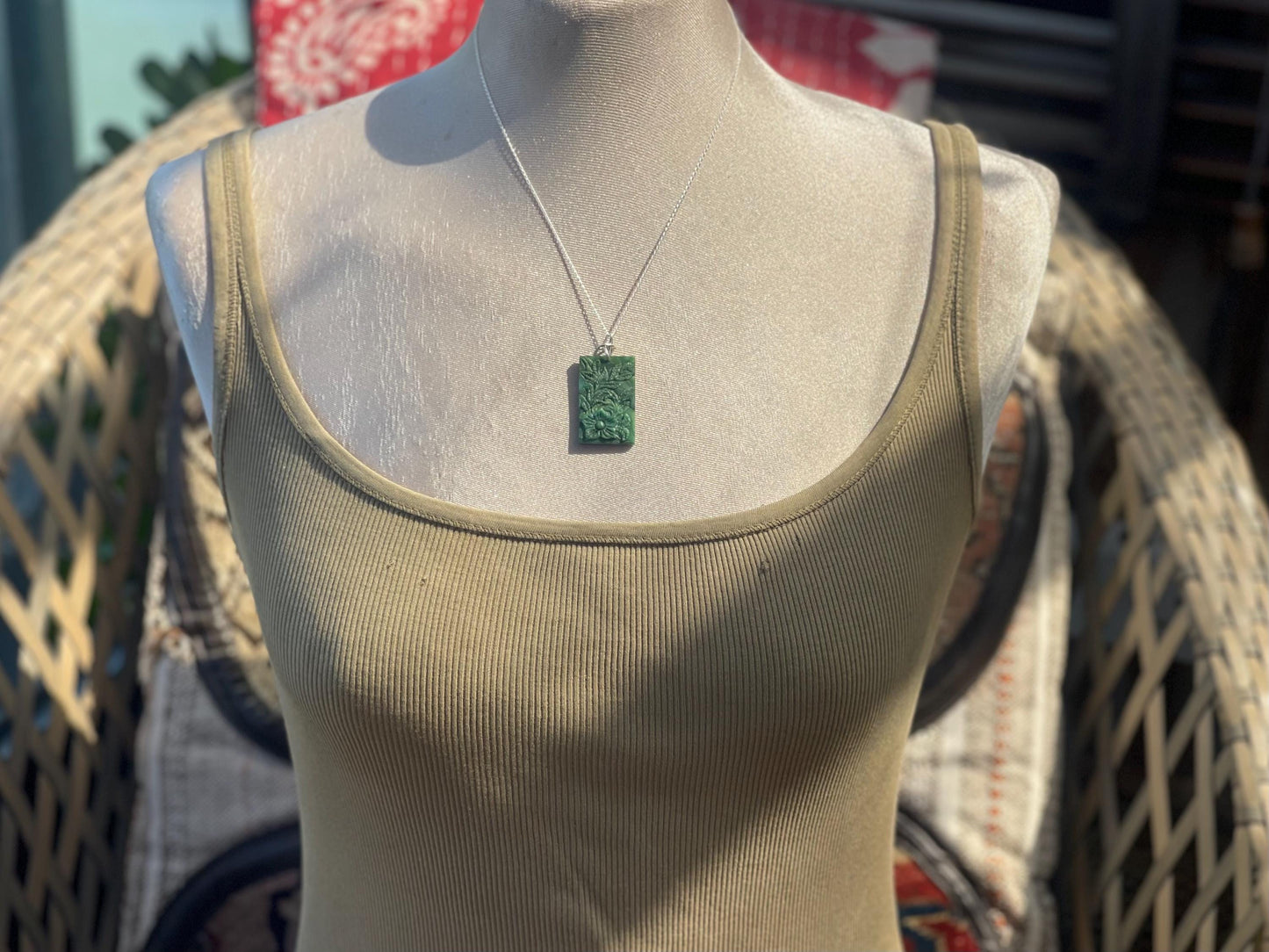 Carved jade necklace. Jade pendant. Unusual green gemstone necklace. Boho jewellery. Handmade jade jewellery.