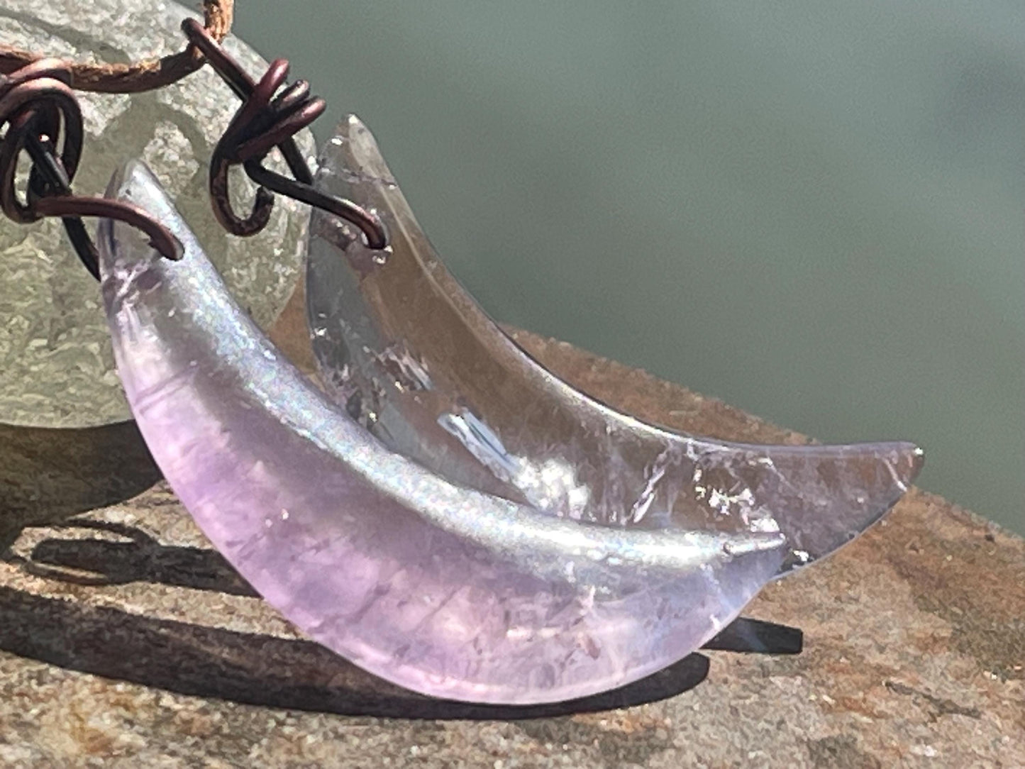 Amethyst moon pendants, amethyst necklace, amethyst jewellery, moon necklaces, boho necklace, ethical jewellery. Eco friendly jewellery.