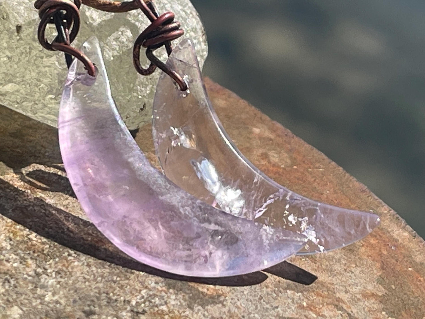 Amethyst moon pendants, amethyst necklace, amethyst jewellery, moon necklaces, boho necklace, ethical jewellery. Eco friendly jewellery.