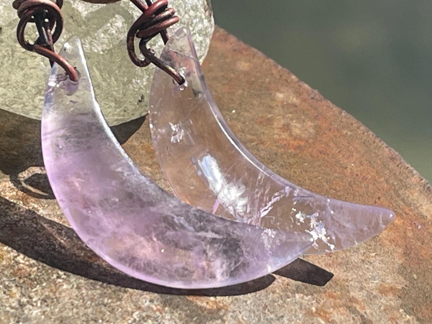Amethyst moon pendants, amethyst necklace, amethyst jewellery, moon necklaces, boho necklace, ethical jewellery. Eco friendly jewellery.