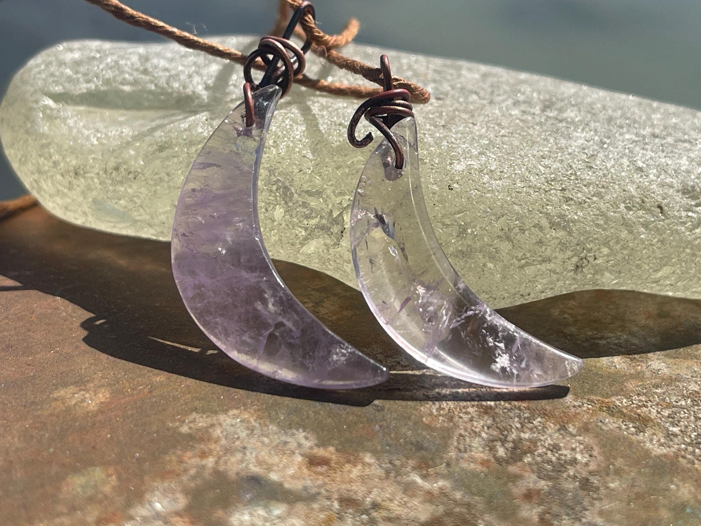 Amethyst moon pendants, amethyst necklace, amethyst jewellery, moon necklaces, boho necklace, ethical jewellery. Eco friendly jewellery.